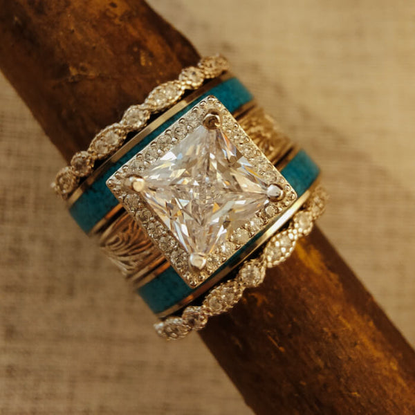 5pc Retro Princess Cut Diamond Western Turquoise Wedding Ring