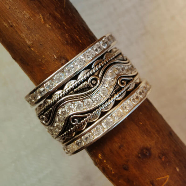 3pc Rustic Diamond Inlay Engravable Western Band Ring