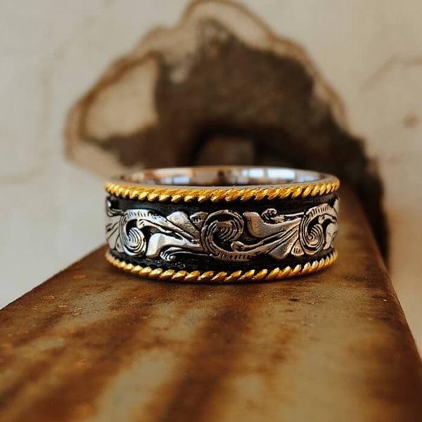 Rope Black Flower Country Western Wedding Bands