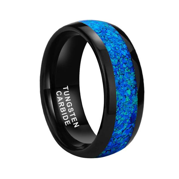 8mm Black Tungsten Blue Opal Inlay Men's Band Ring