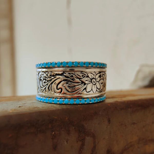 Western Turquoise Band Ring – Vintage Silver Engraved Floral Design