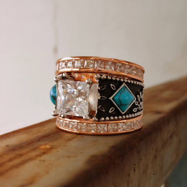 3pc Women Rose Gold Square Retro Turquoise Wedding Rings