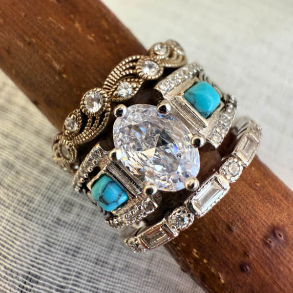 3pc Vintage Western Square Turquoise Wedding Ring Set