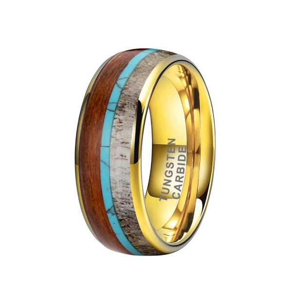 8mm Gold Tungsten Antler Turquoise Triple Inlay Men's Band Ring