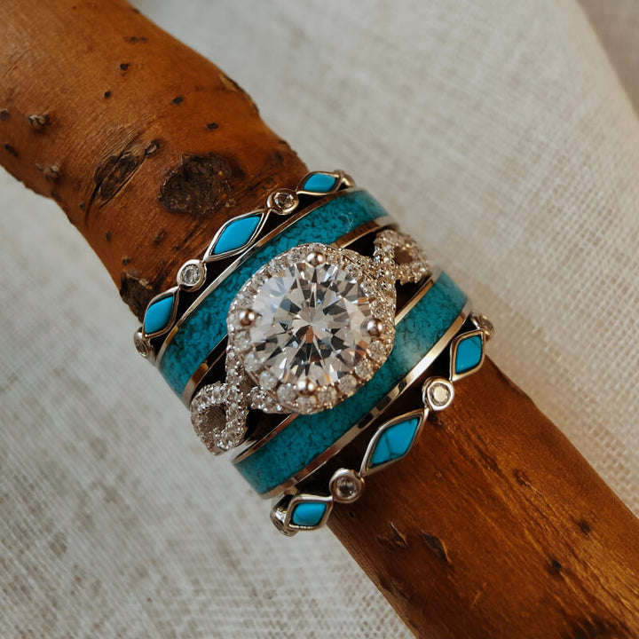 5-piece silver engagement ring set with turquoise and moissanite stones