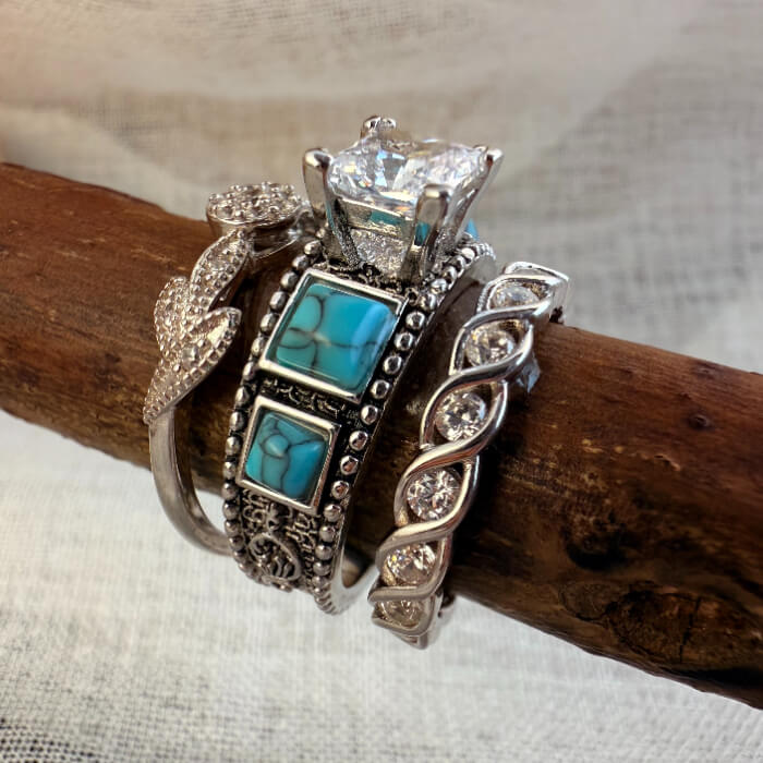 Torquoise Square 3pc Sunflower Wide Band Square Turquoise Woman Wedding Set – Retro ...