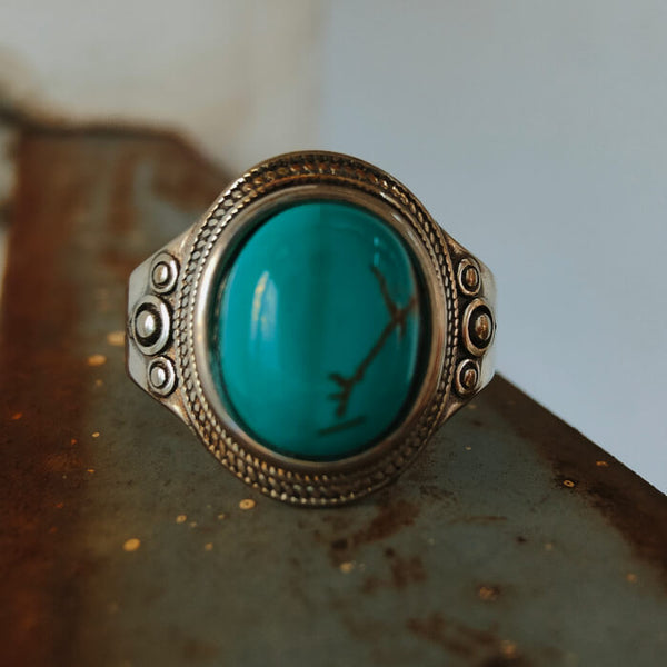 Circle Engraved Oval Turquoise Rings Womens