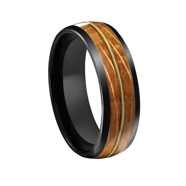 Mens Tungsten Guitar String Ceramic Barrel Wood Band Ring