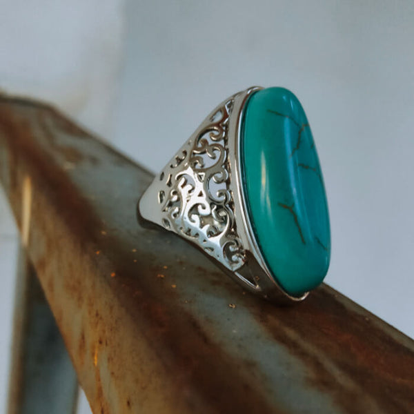 Curved Symbol Band Oval Women Turquoise Rings