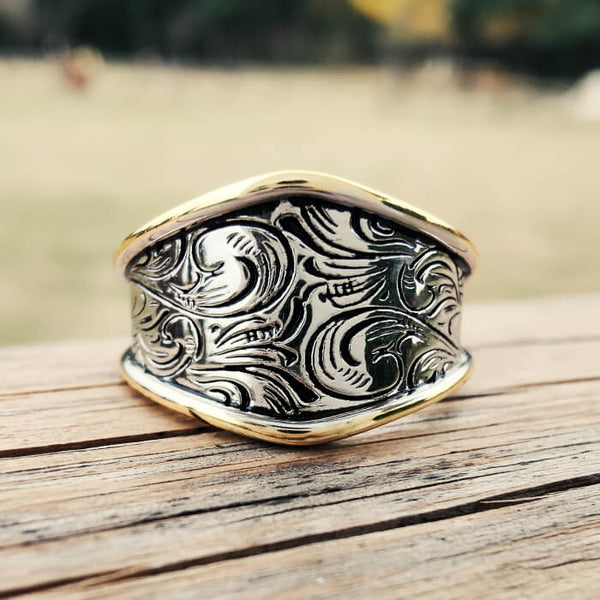 Western Gold Edge Engraved Ring – Vintage Silver Wide Band Jewelry