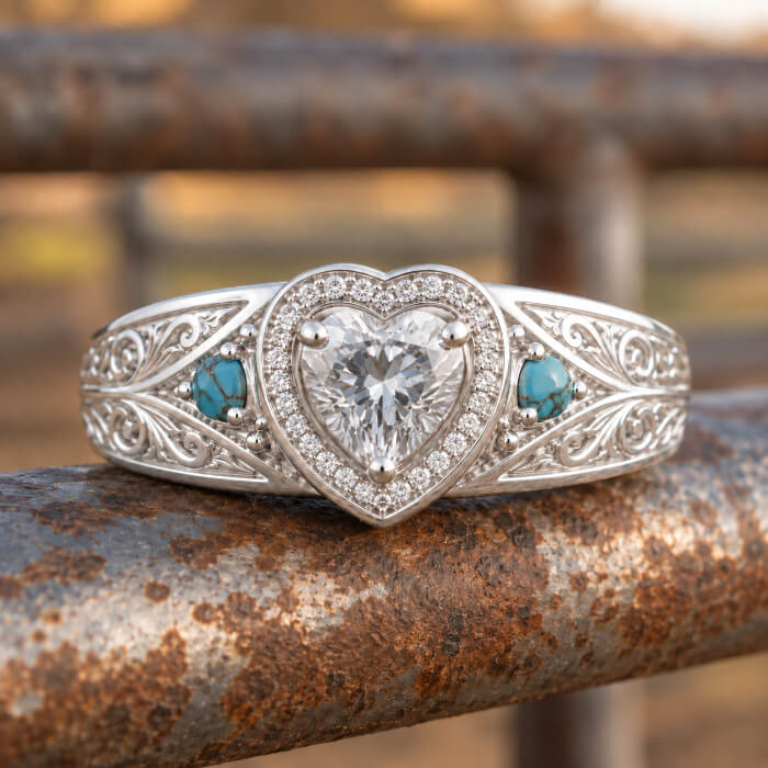 Heart cut turquoise western engagement ring in brass, front view