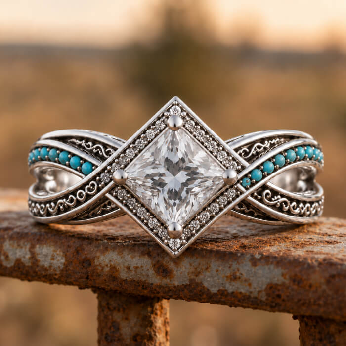 Princess cut western turquoise ring for women in brass