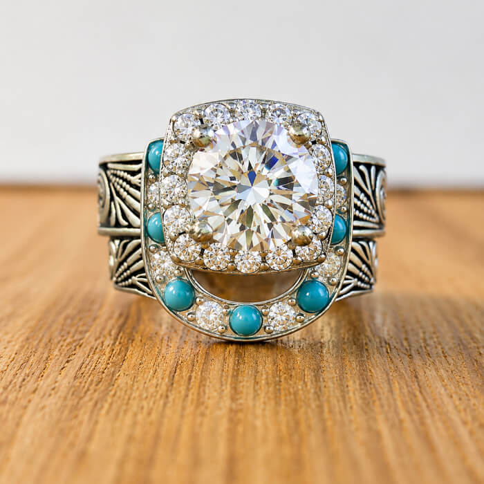 Western turquoise sterling silver Round cut wedding ring set front view