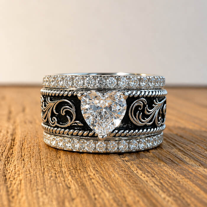 Sterling silver western bridal ring set with heart shaped center stone, engraved scrollwork and two matching pavé bands