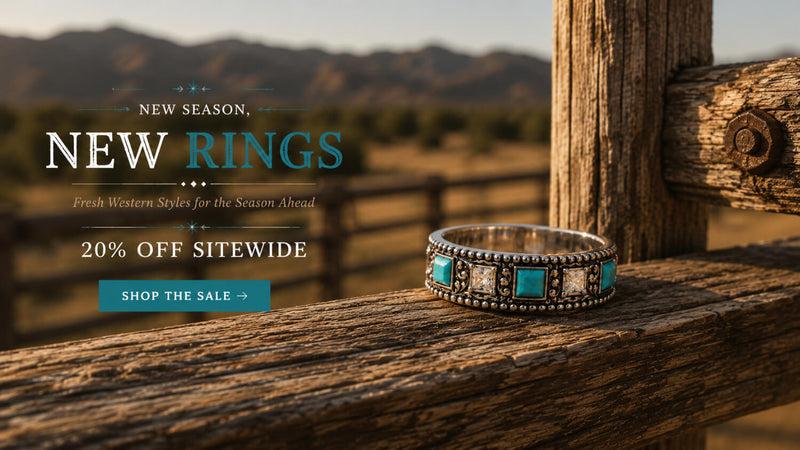 New Season, New Rings sale banner featuring a turquoise western band — 20% off sitewide