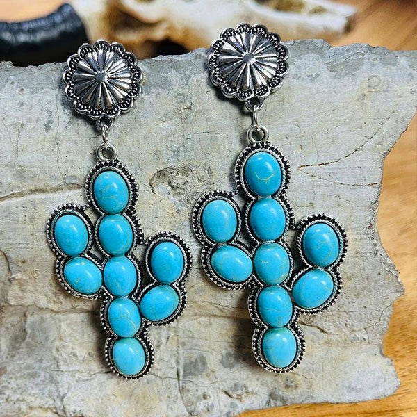 Turquoise Cactus Vintage Western Drop Earrings