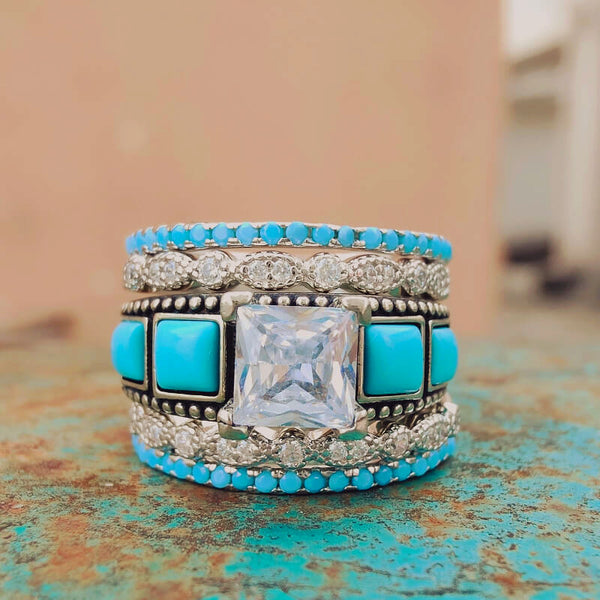 5pc Silver Vintage Square Diamond Turquoise Ring Set
