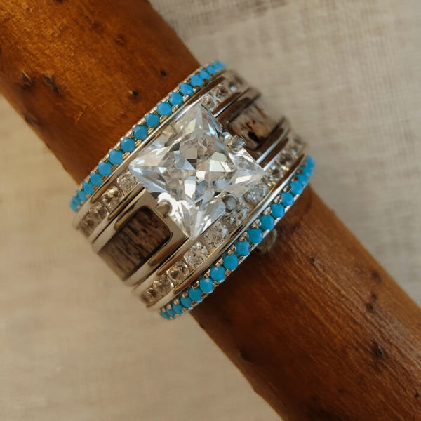 5pc Sterling Silver Square Moissanite Western Antler Turquoise Wedding Ring Set