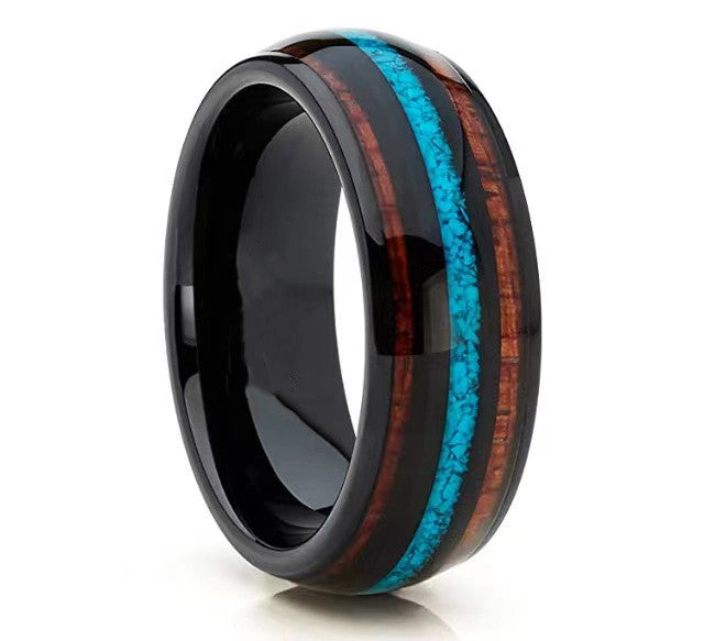 Turquoise and acacia wood three-slot band ring with shiny black finish
