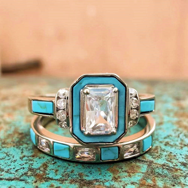 2pc Blue Square Turquoise Diamond Ring Set