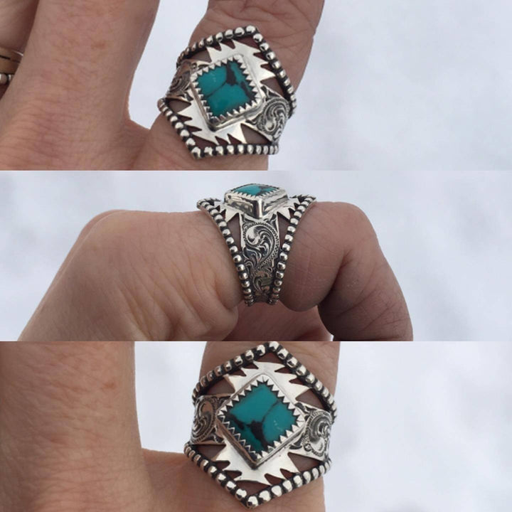 Square turquoise ring with detailed silver engravings and bohemian style