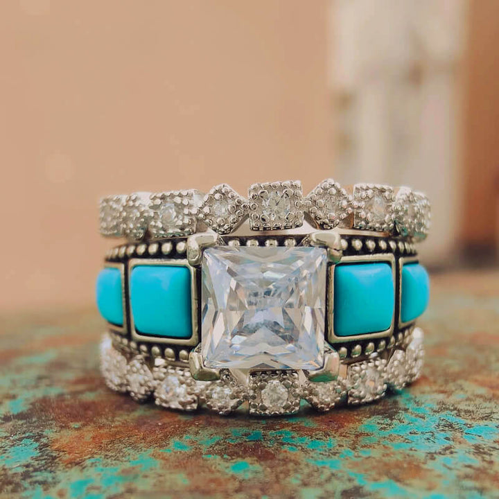 Sterling silver turquoise and diamond vintage ring set