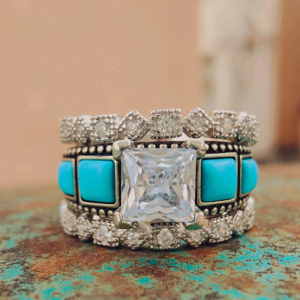 3pc Sterling Silver Vintage Flower Square Green Turquoise Ring Set