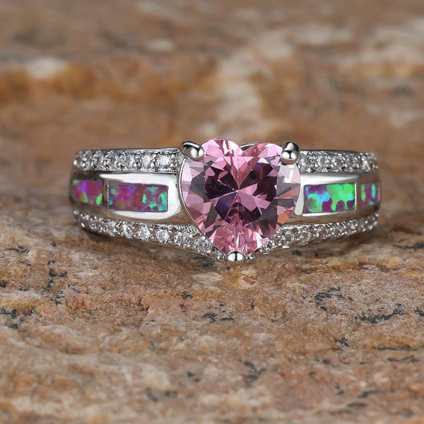 Pink Heart Diamond Opal Inlay Ring