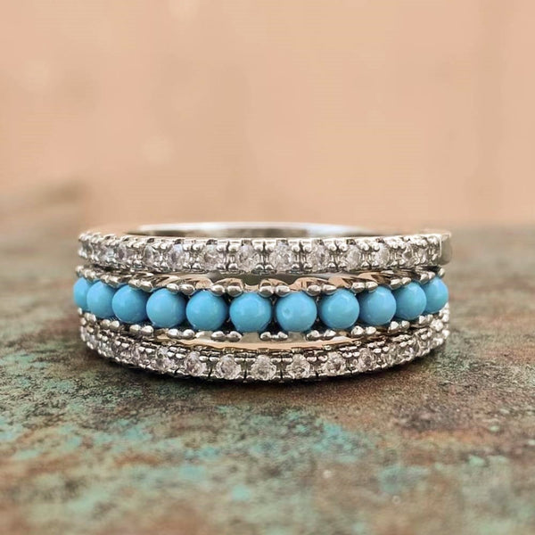 3pc Sterling Silver Minimalism Turquoise Band Ring