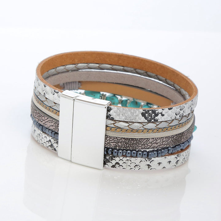 Stylish turquoise leather bracelet with silver magnet clasp and textured bands