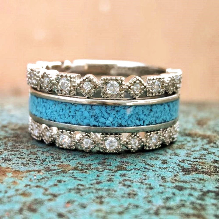 Turquoise stacker ring with zircon-embellished bands in sterling silver