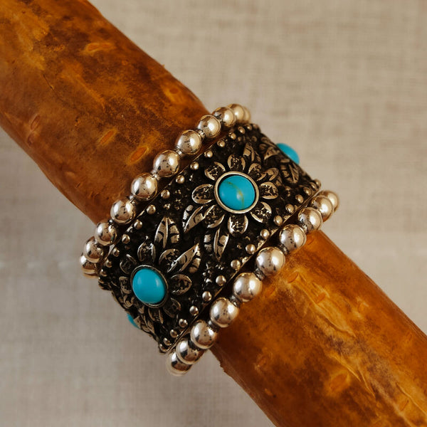 Retro Engraved Flower Sterling Silver Rings with Turquoise