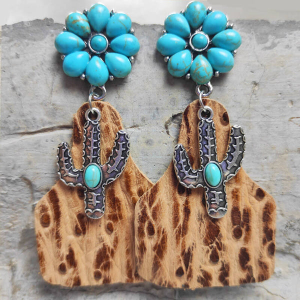Horsehair Cactus and Turquoise Earrings in Vintage Embossed Leather