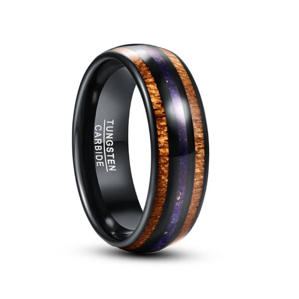 Tungsten 8mm Koa Wood Lapis Lazuli Black Men's Ring