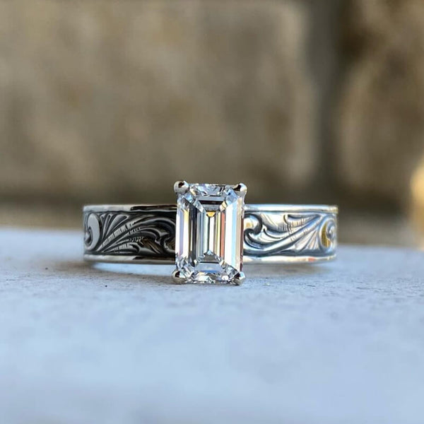 Western Rectangle Zircon Engraved Women Engagement Ring