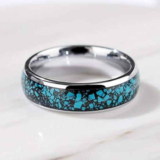 6mm stainless steel ring featuring turquoise stone inlay on marble background