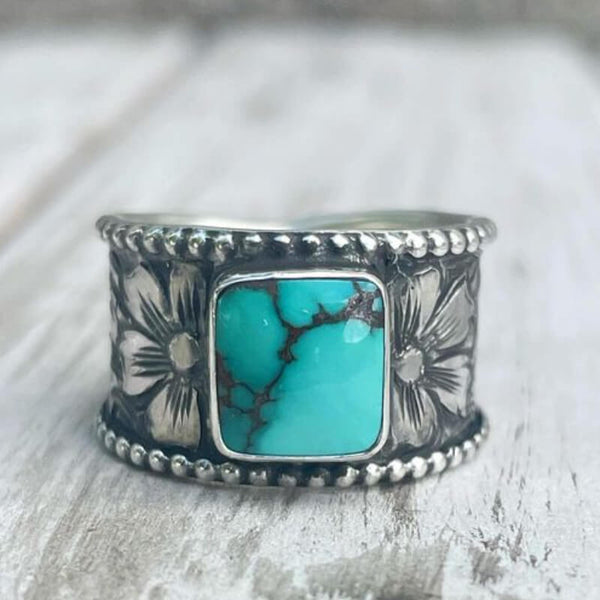 Retro Flower Band  Square Green Turquoise Rings