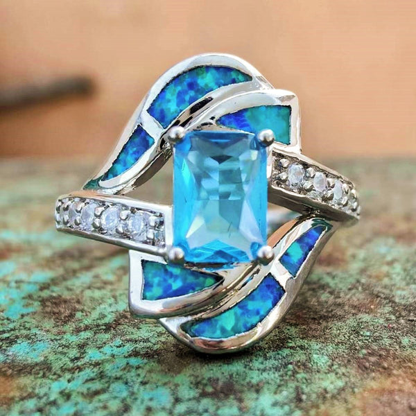 Square Cut Blue Opal Engagement Ring