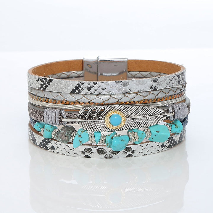 Bohemian turquoise and silver leather bracelet with magnet clasp