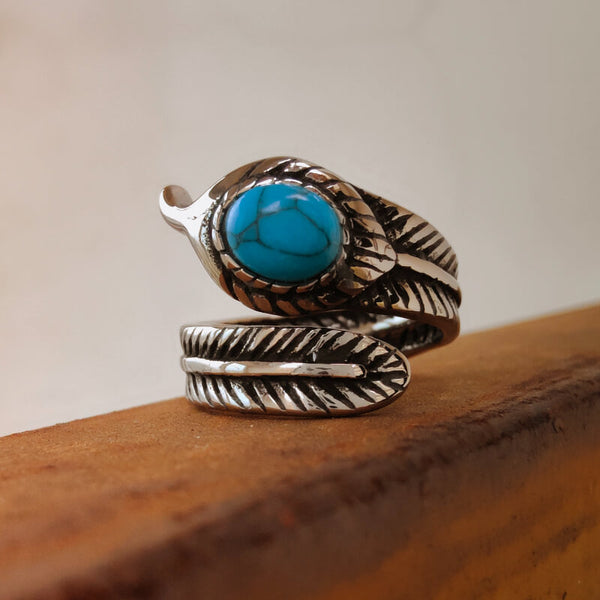 Women Feather Steel Turquoise Band Ring