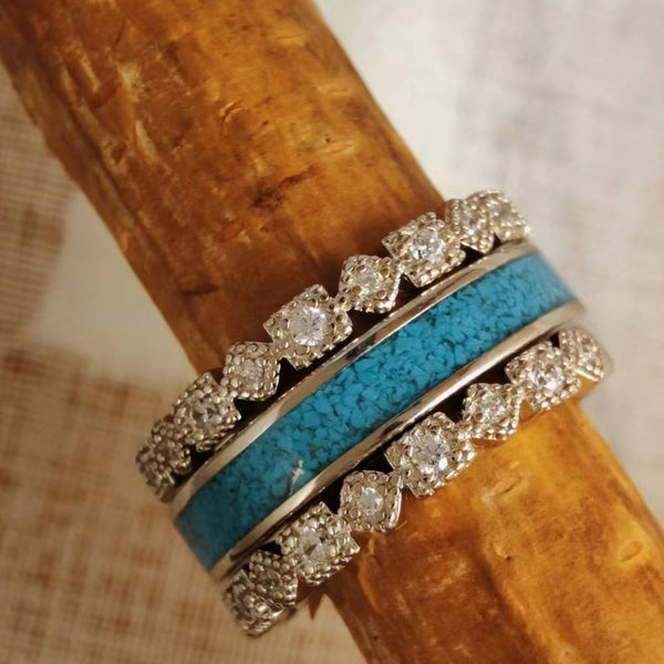 3pc Sterling  Silver Crush Turquoise Stacker Band Ring