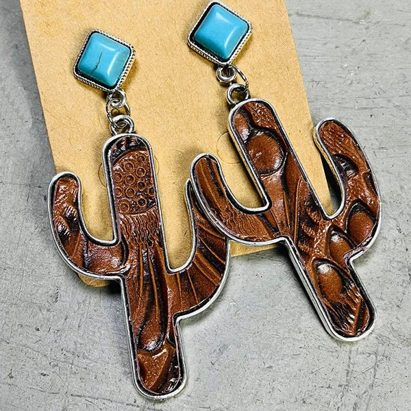 Vintage Cactus Earrings in Embossed Turquoise Leather