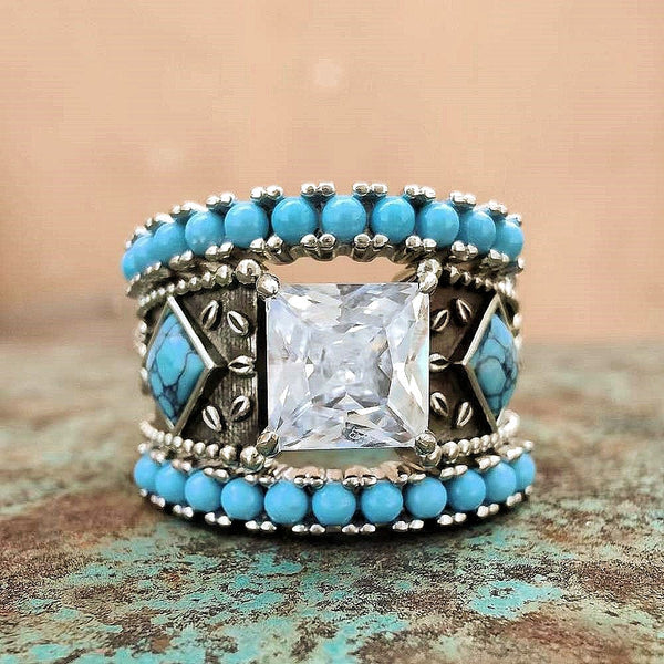 3pc Sterling Silver Turquoise Western Diamond Ring Set