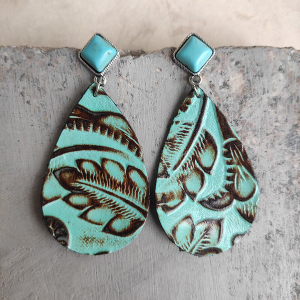 Square Turquoise Leather Print Drop Earrings