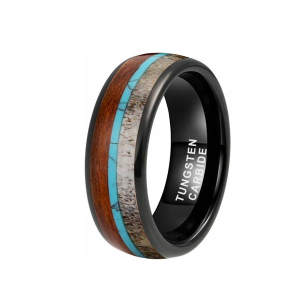 8mm Black Tungsten Antler Wood Turquoise Triple Inlay Men's Band Ring