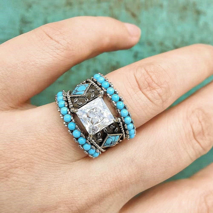 3-piece Sterling Silver turquoise ring set with square zircon and round turquoise beads.