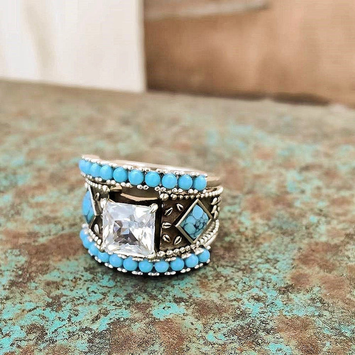 3pc sterling silver ring set with square zircon and turquoise bead accents.