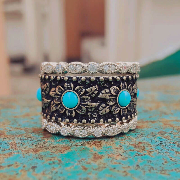 Stackable Flower Sterling Silver Vintage Turquoise Ring