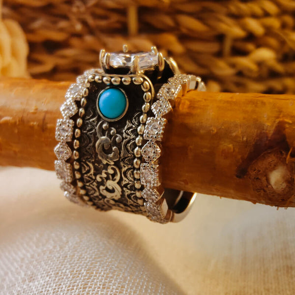 Sterling Silver  Retro Band  Turquoise Wedding Ring Set