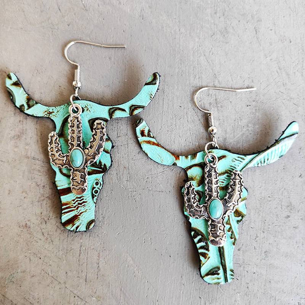 Cow Western Textured Leather Cactus Earrings